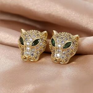 Elegant Gold Panther / Leopard Earrings with Green Accents